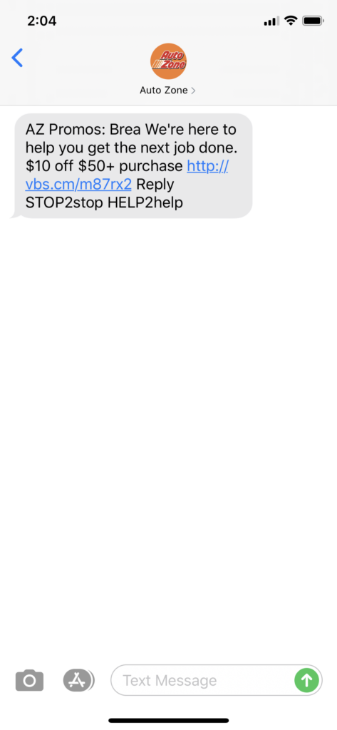 Auto Zone Text Message Marketing Example - 04.03.2020