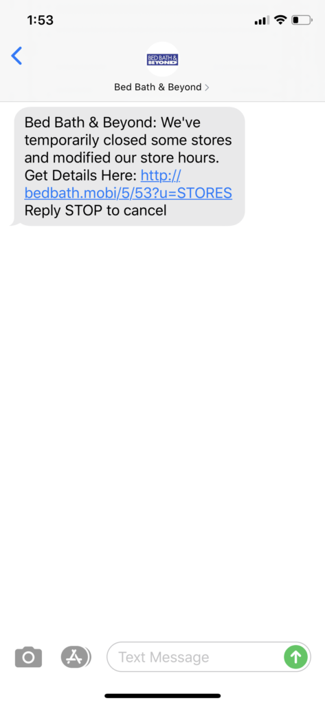 Bed Bath & Beyond Text Message Marketing Example - 03.12.2020