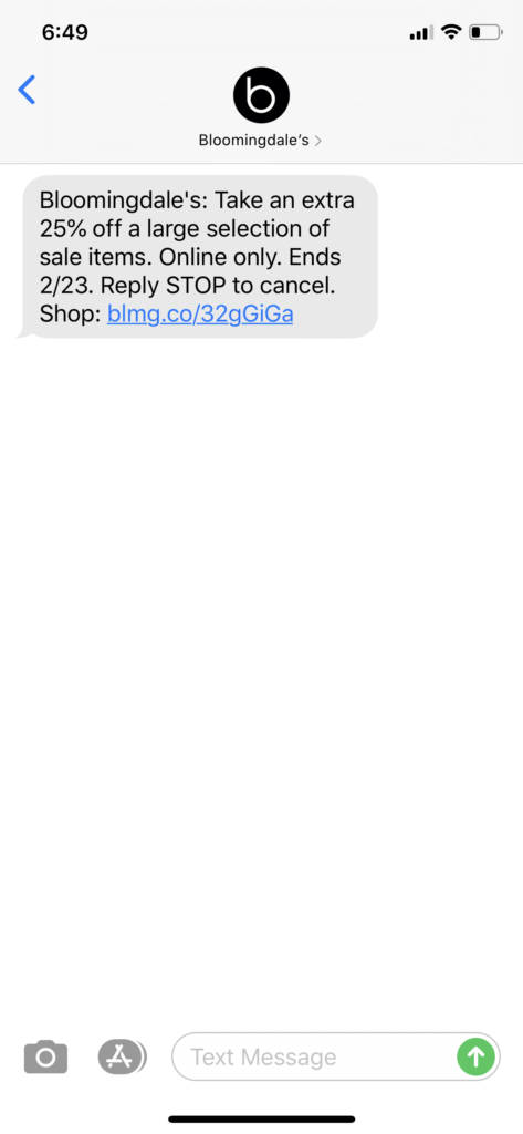 Bloomingdales Text Message Marketing Example - 02.19.2020