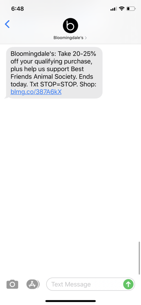 Bloomingdales Text Message Marketing Example - 03.11.2020