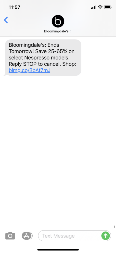 Bloomingdales Text Message Marketing Example - 03.12.2020