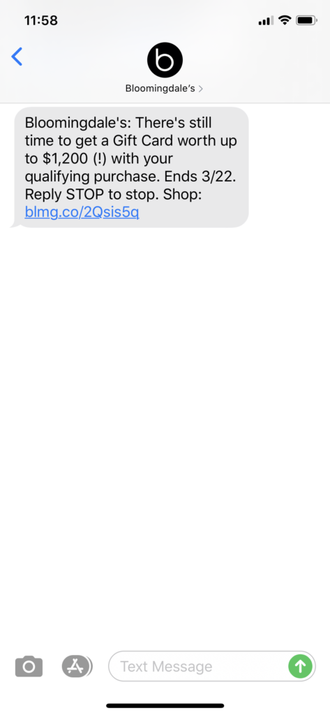 Bloomingdales Text Message Marketing Example - 03.20.2020