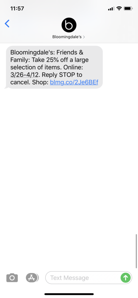 Bloomingdales Text Message Marketing Example - 03.25.2020