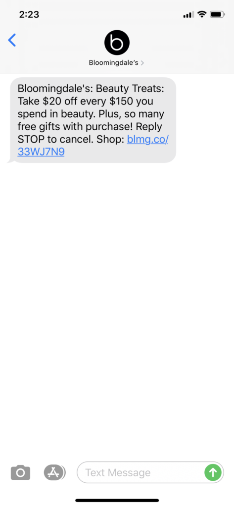 Bloomingdales Text Message Marketing Example - 03.31.2020
