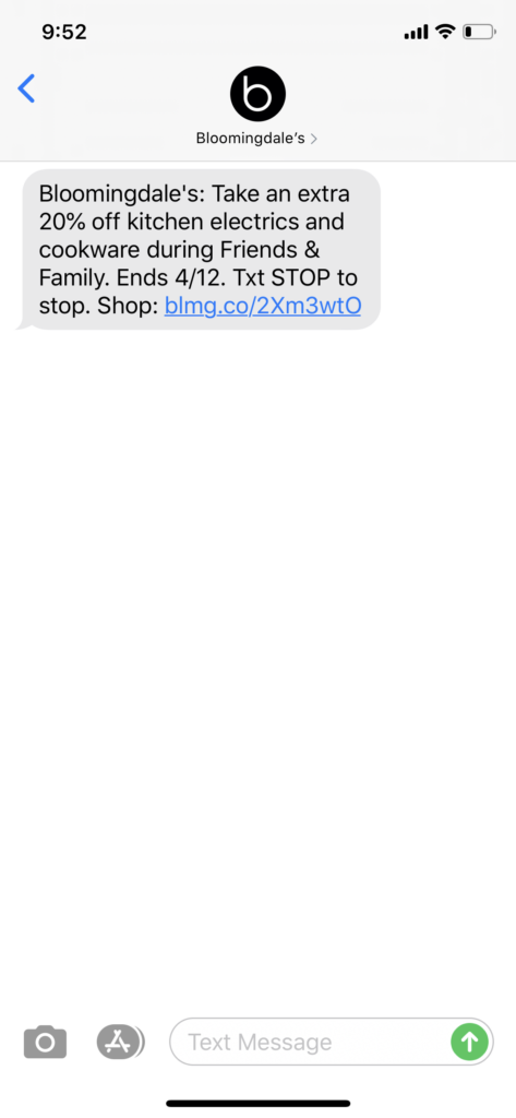 Bloomingdale’s Text Message Marketing Example - 04.09.2020