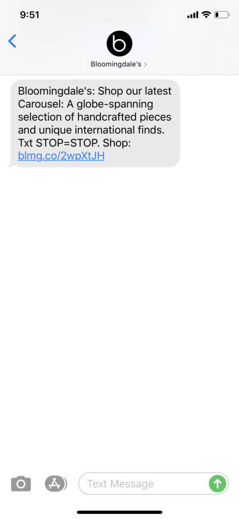 Bloomingdale’s Text Message Marketing Example - 04.11.2020