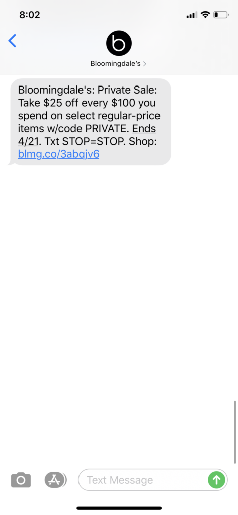 Bloomingdale’s Text Message Marketing Example - 04.15.2020