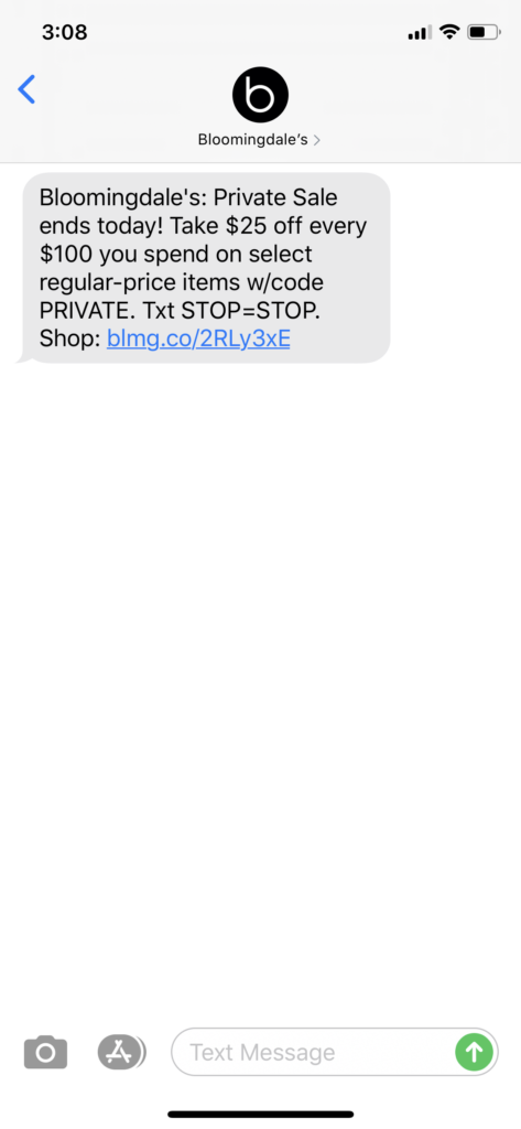 Bloomingdale’s Text Message Marketing Example - 04.21.2020