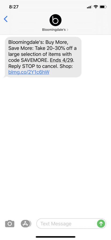 Bloomingdale’s Text Message Marketing Example - 04.24.2020