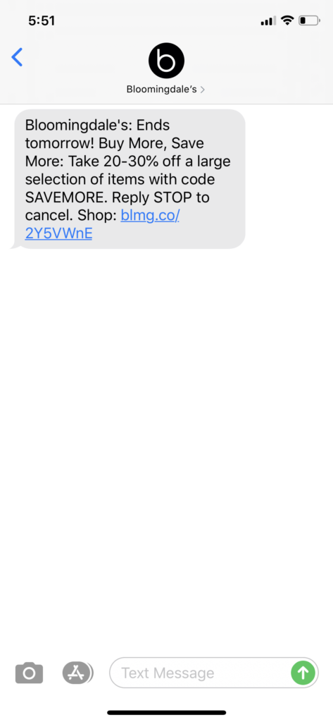 Bloomingdale’s Text Message Marketing Example - 04.28.2020
