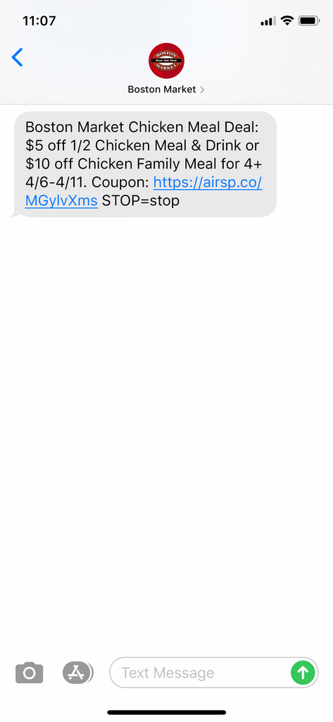 Boston Market Text Message Marketing Example - 04.06.2020