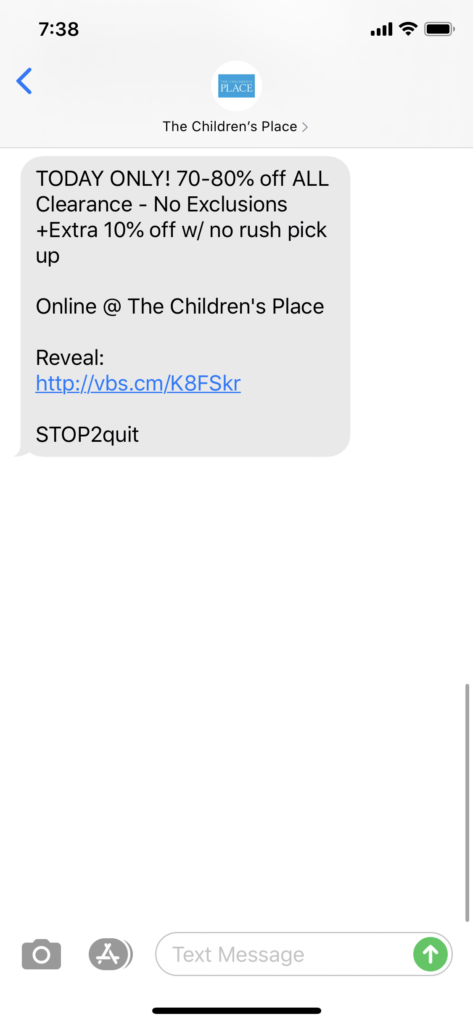 Children's Place Text Message Marketing Example - 02.11.2020