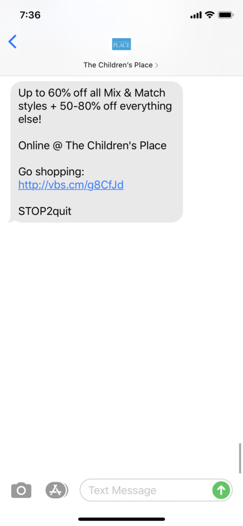 Children's Place Text Message Marketing Example - 02.18.2020