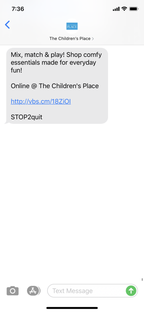 Children's Place Text Message Marketing Example - 03.21.2020