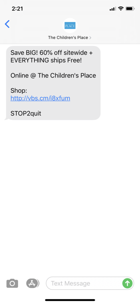 Children's Place Text Message Marketing Example - 04.01.2020
