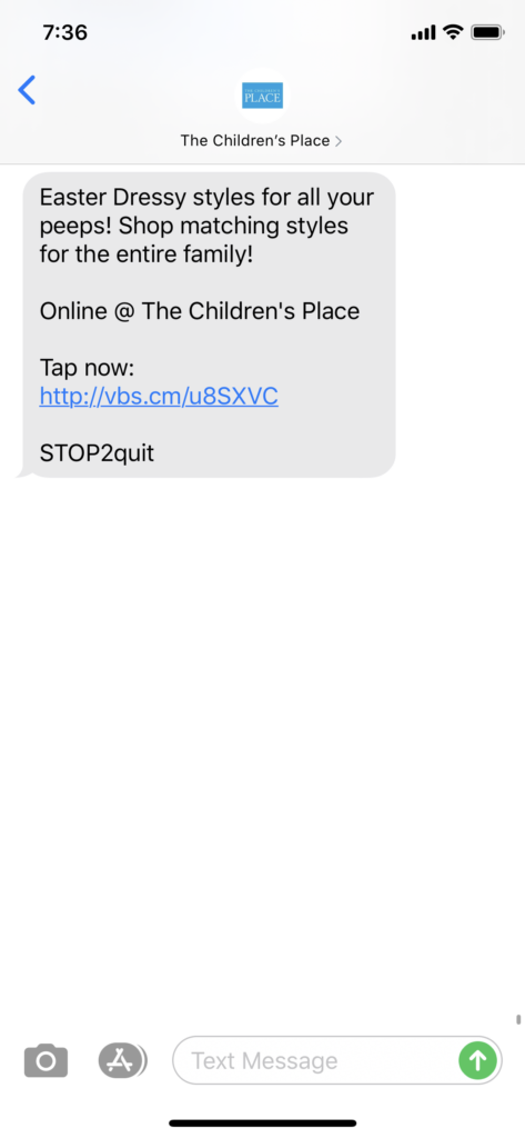 Children's Place Text Message Marketing Example - 04.04.2020
