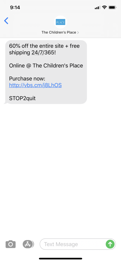 Children’s Place Text Message Marketing Example - 04.08.2020