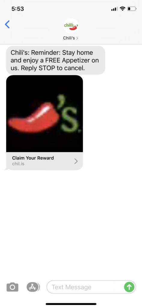 Chili’s Text Message Marketing Example - 04.28.2020