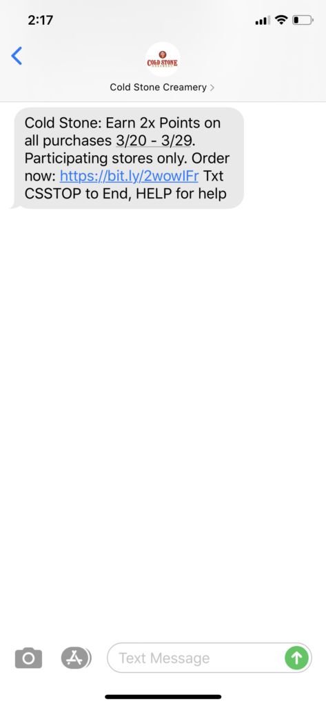 Coldstone Creamery Text Message Marketing Example - 03.27.2020