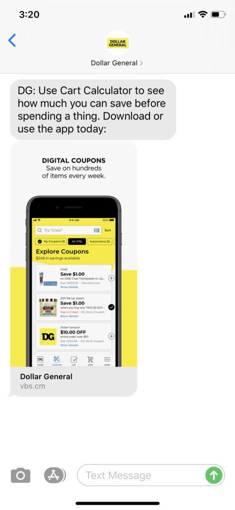 Dollar General Text Message Marketing Example - 03.05.2020