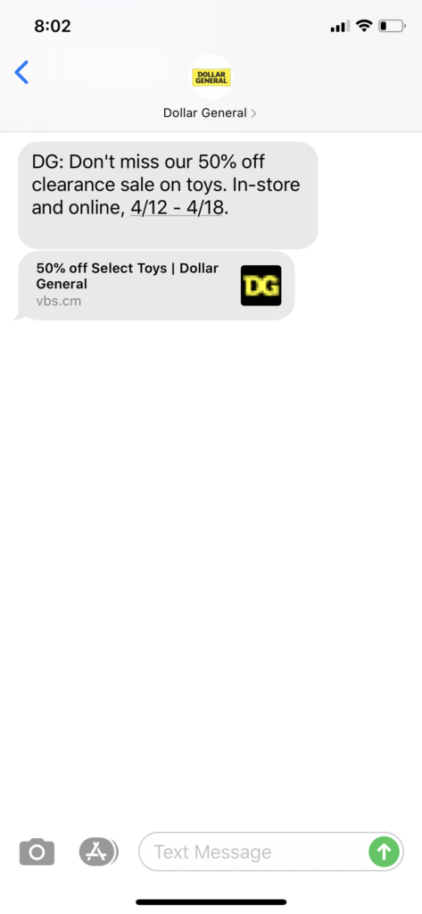 Dollar General Text Message Marketing Example - 04.15.2020