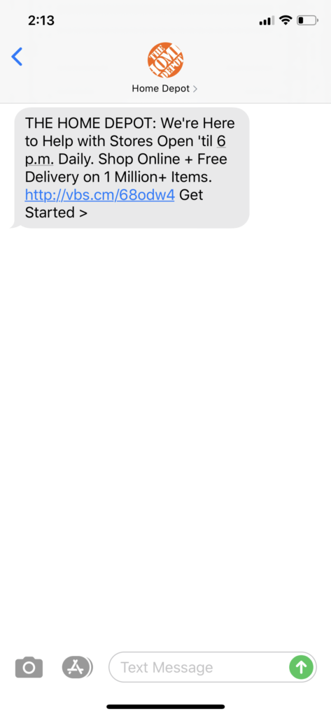 Home Depot Text Message Marketing Example - 02.17.2020
