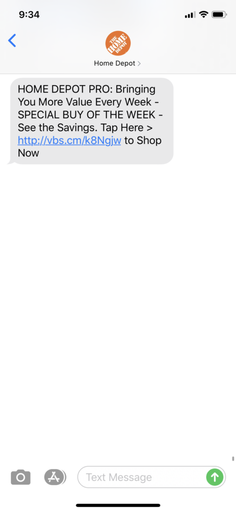 Home Depot Text Message Marketing Example - 02.25.2020