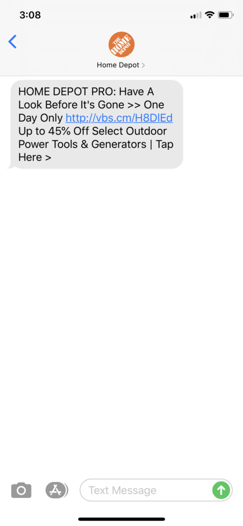 Home Depot Text Message Marketing Example - 03.14.2020