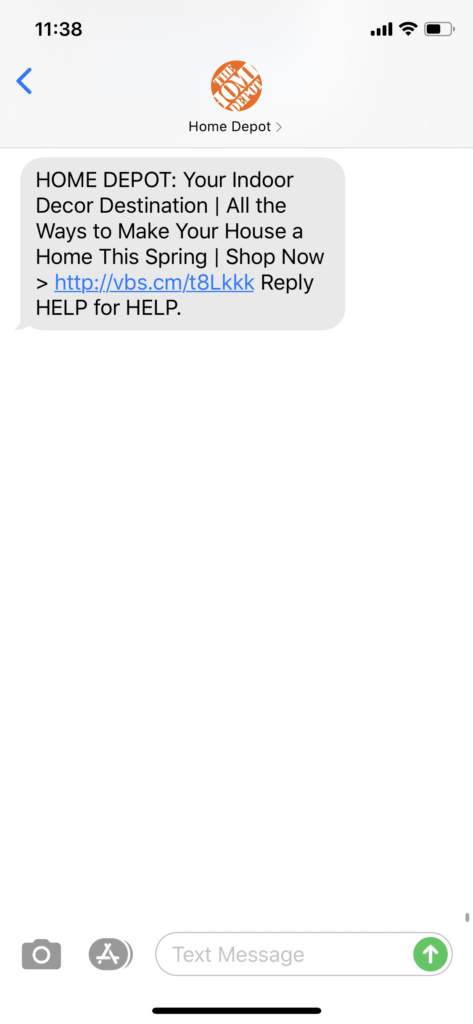 Home Depot Text Message Marketing Example - 03.28.2020