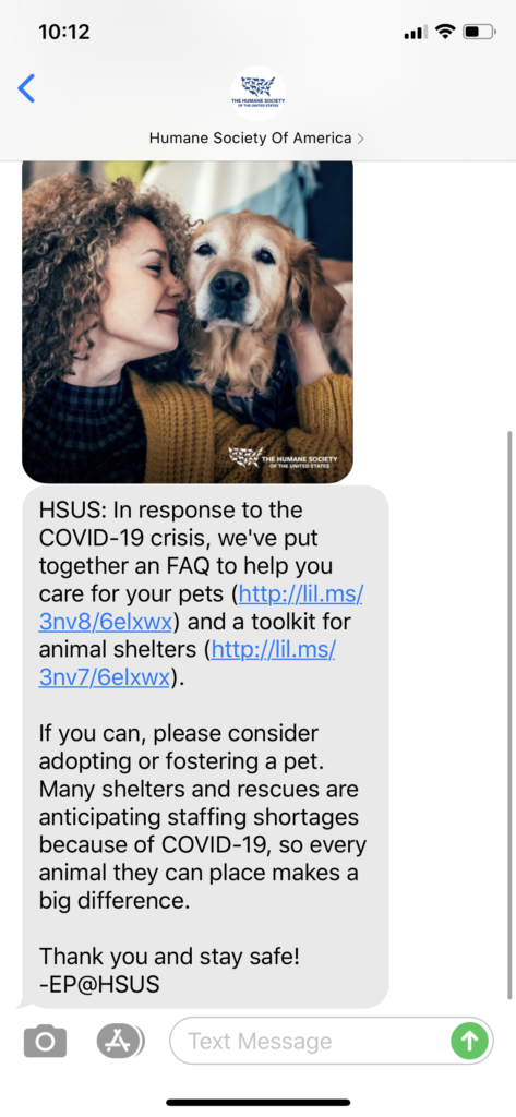 Humane Society of America Text Message Marketing Example - 03.29.2020