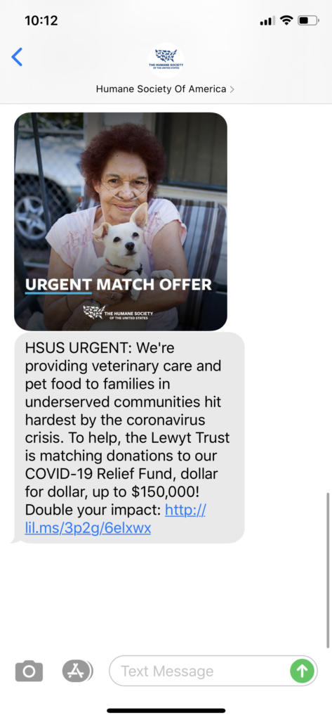 Humane Society of America Text Message Marketing Example - 03.30.2020