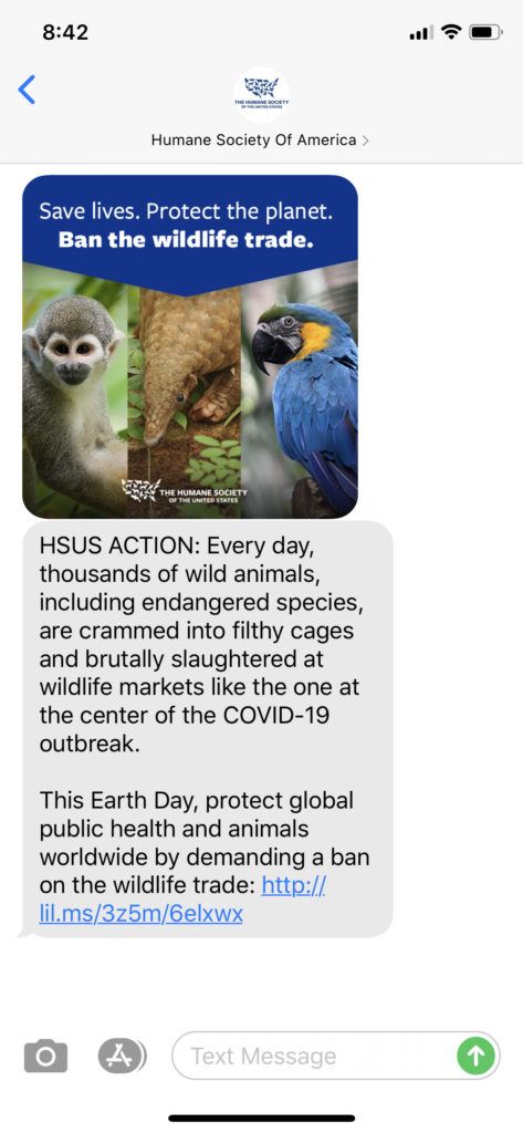 Humane Society of America Text Message Marketing Example - 04.22.2020