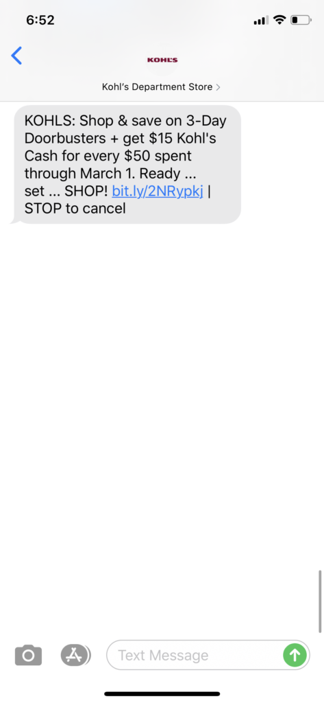Kohl's Text Message Marketing Example - 02.26.2020