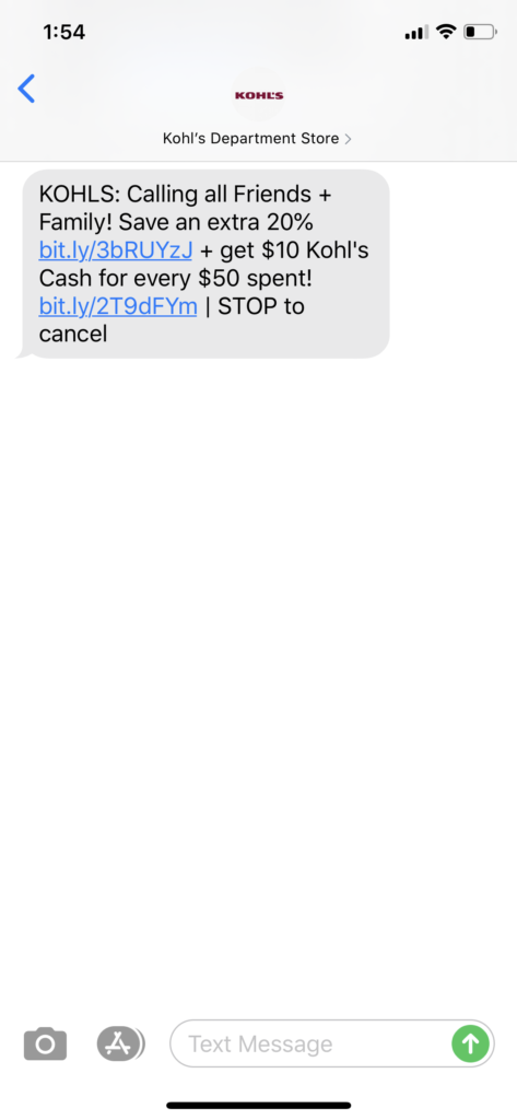 Kohl's Text Message Marketing Example - 02.29.2020