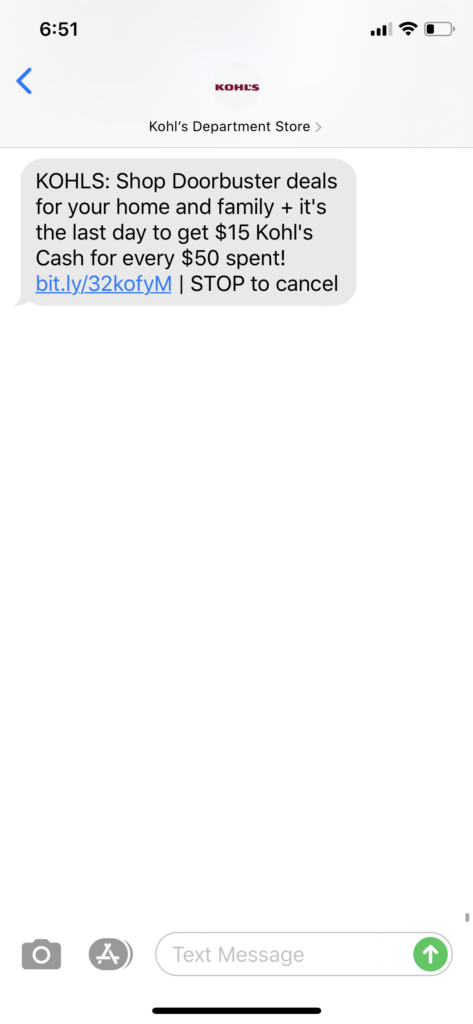 Kohl's Text Message Marketing Example - 03.11.2020