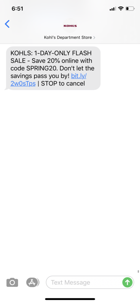 Kohl's Text Message Marketing Example - 03.28.2020