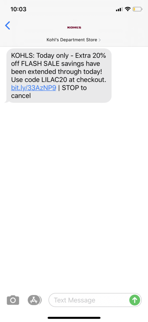 Kohl’s Text Message Marketing Example - 04.14.2020