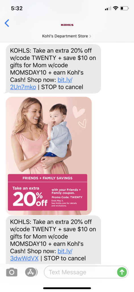Kohl’s Text Message Marketing Example - 04.29.2020