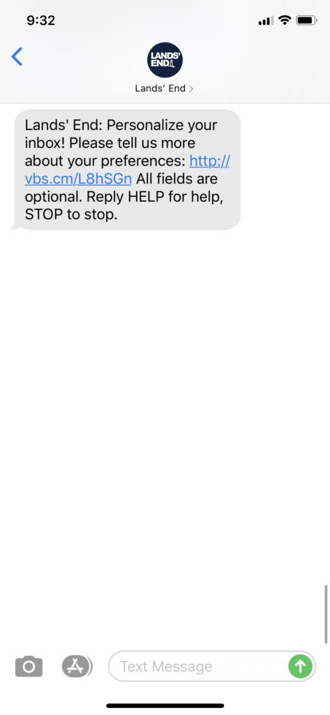 Land's End Text Message Marketing Example - 02.12.2020