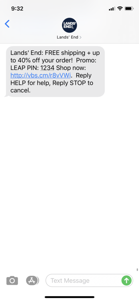 Land's End Text Message Marketing Example - 02.29.2020