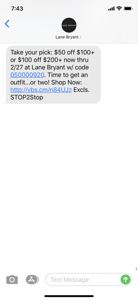 Lane Bryant Text Message Marketing Example - 02.20.2020