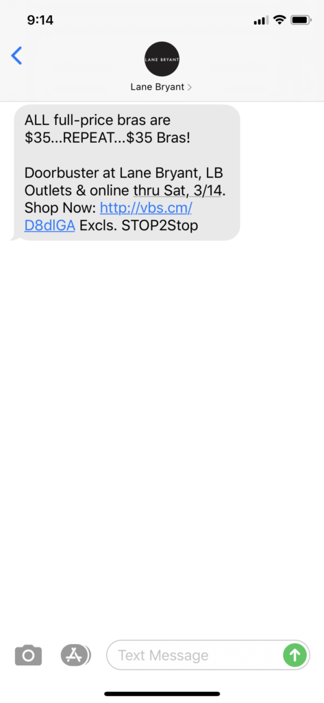 Lane Bryant Text Message Marketing Example - 03.10.2020