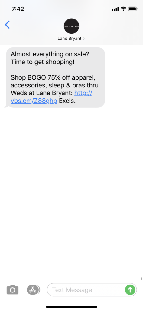 Lane Bryant Text Message Marketing Example - 03.12.2020
