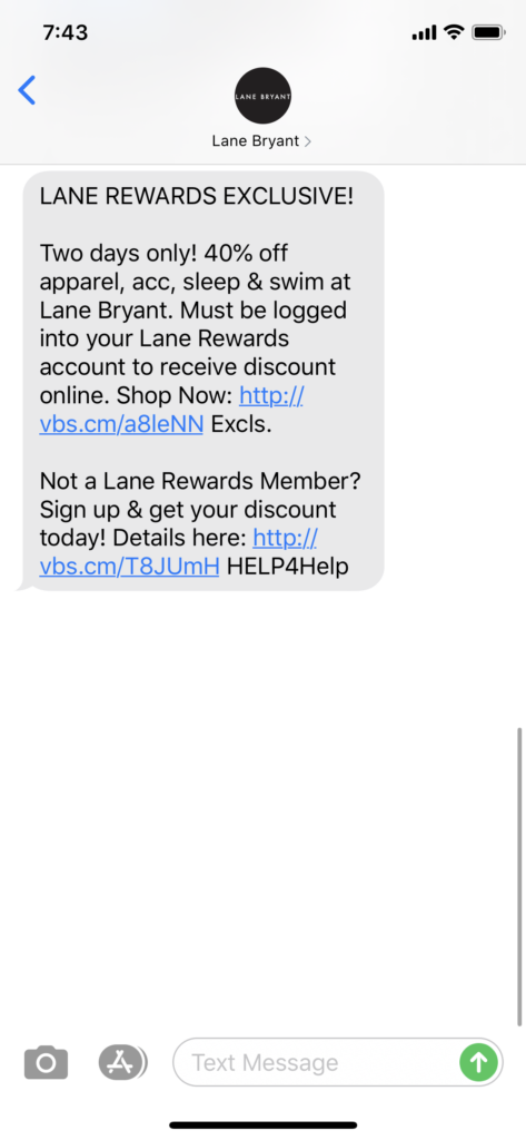Lane Bryant Text Message Marketing Example - 03.18.2020