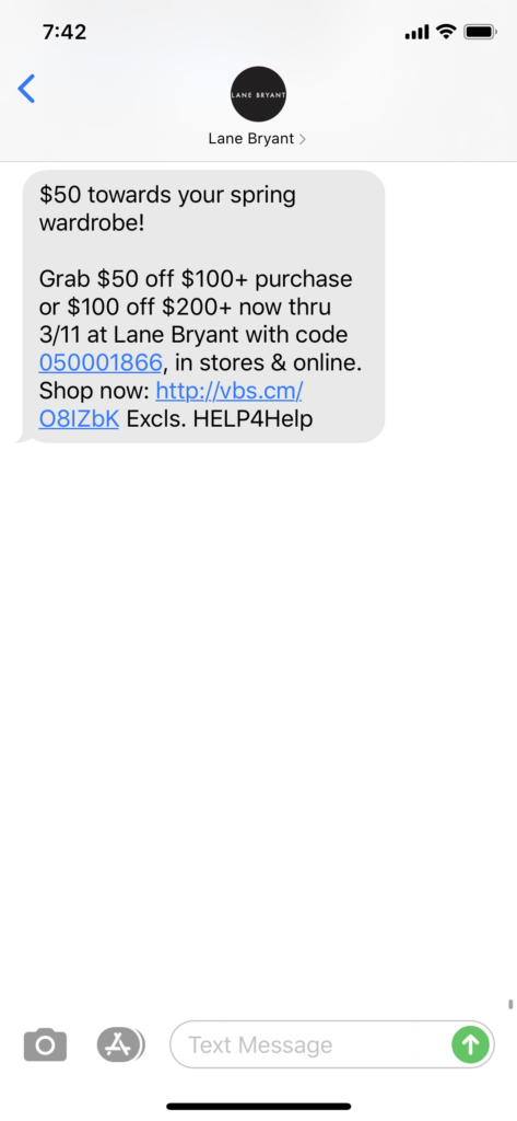 Lane Bryant Text Message Marketing Example - 03.8.2020