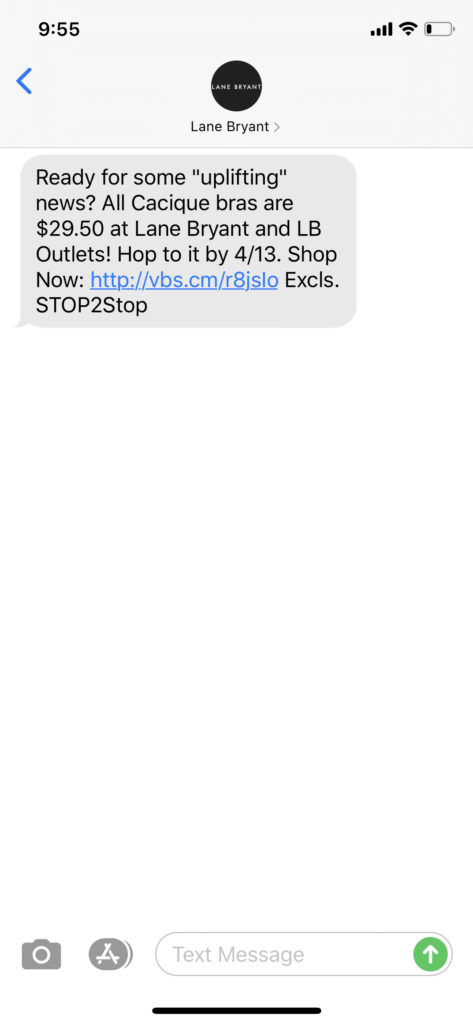 Lane Bryant Text Message Marketing Example - 04.10.2020