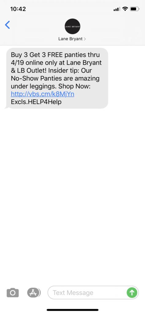 Lane Bryant Text Message Marketing Example - 04.18.2020