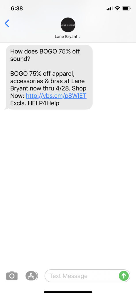 Lane Bryant Text Message Marketing Example - 04.26.2020