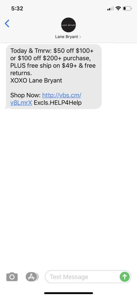 Lane Bryant Text Message Marketing Example - 04.29.2020