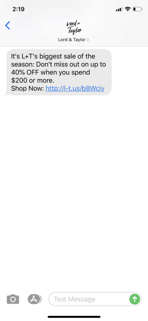Lord & Taylor Text Message Marketing Example - 03.10.2020